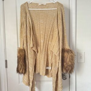 Boston Proper Crochet Cardigan with faux fur sleeves